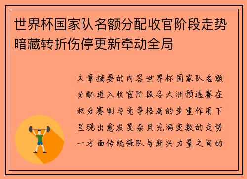 世界杯国家队名额分配收官阶段走势暗藏转折伤停更新牵动全局