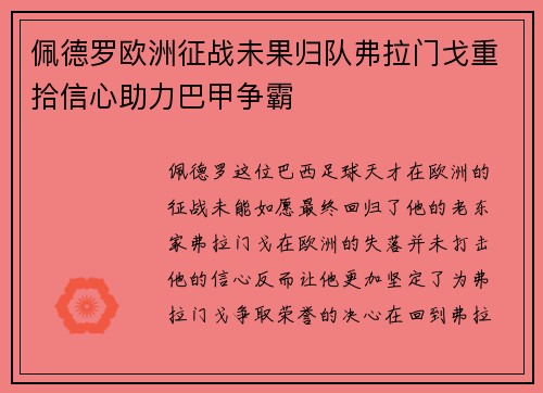佩德罗欧洲征战未果归队弗拉门戈重拾信心助力巴甲争霸